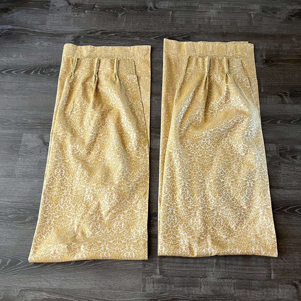Vintage Pinch Pleated Jaquard Print Gold Long Curtains Draperies Pair